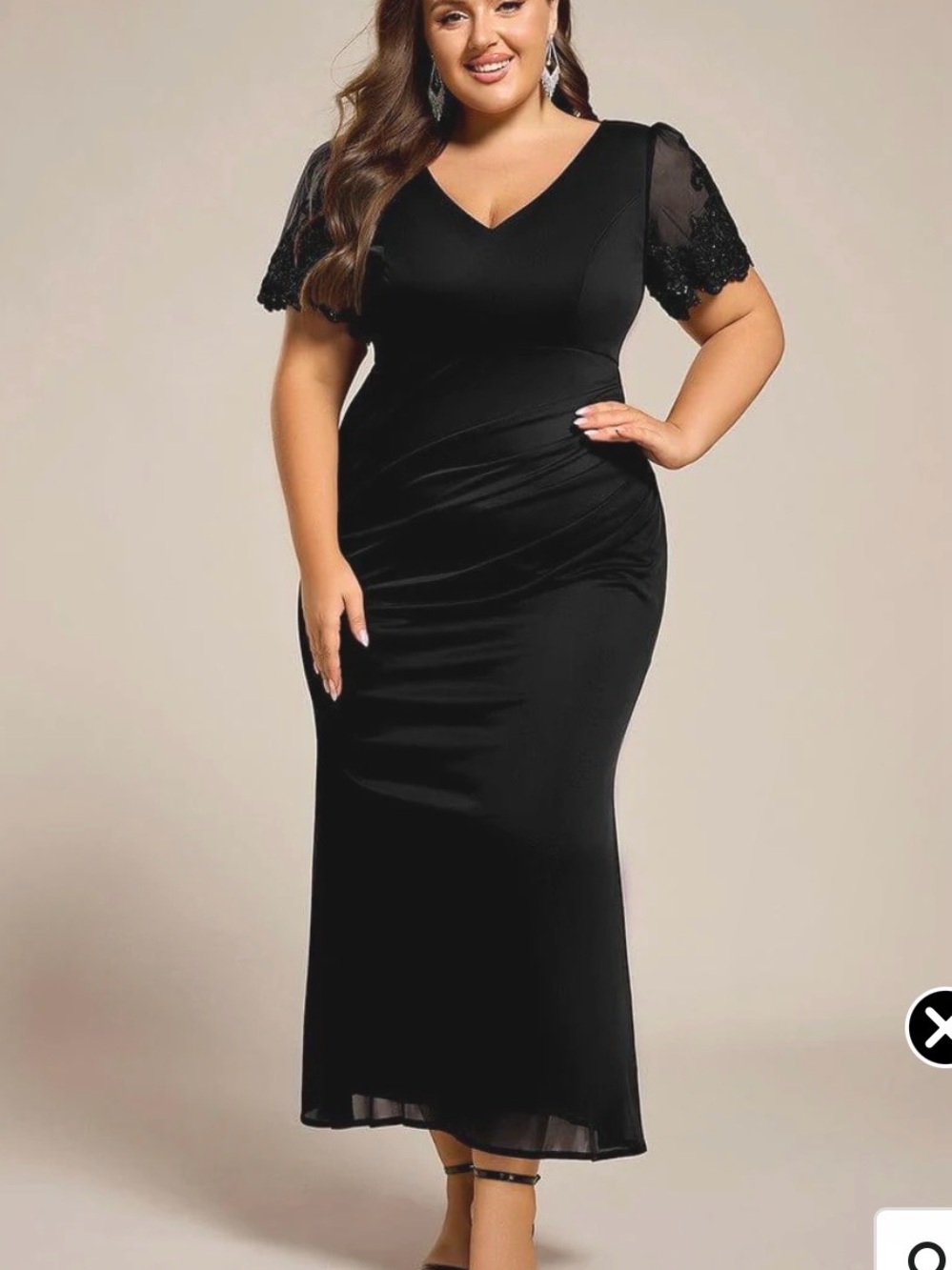 Ever Pretty Black V-Neck Plus-Size Maxi Dress with Lace Sleeves